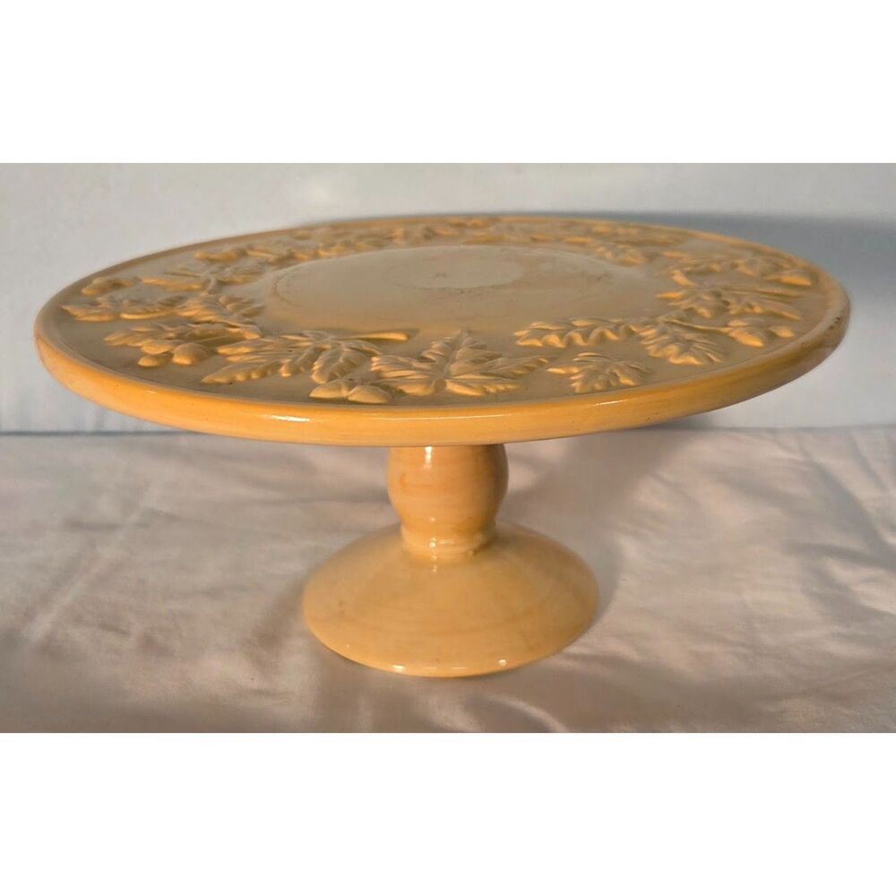 Vintage Ceramic Cake Stand Pedestal Plate Yellow Leaf Embossed
